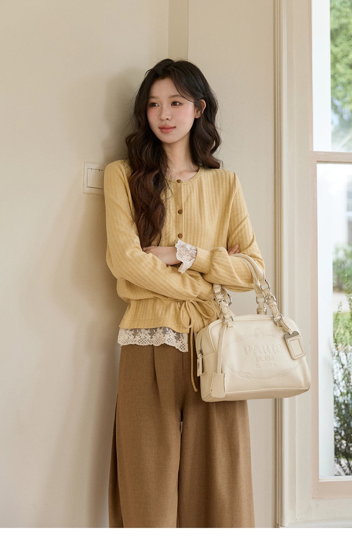 MISHOW Women's Yellow Ribbed Cardigan Spring Lace Trim Drawstring Waist Thin Knitted Sweater Long Sleeve Casual Top MXF11Z2919