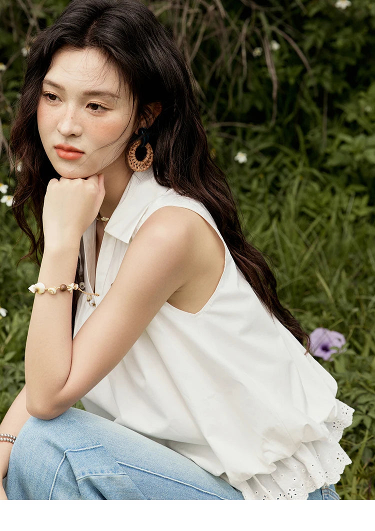 MISHOW Office Lady New Blouse Women Summer New Sleeveless Turn-down Collar Hollow Lace Shirts Female Slimming Fashion MXE31X1760