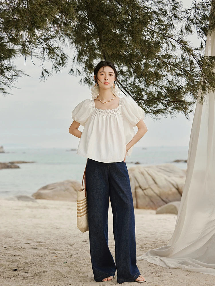 MISHOW French New Shirts Women Summer 2025 Short Puff Sleeve Square Collar Solid Splicing Lace Blouses Female Holiday MXE32X1780