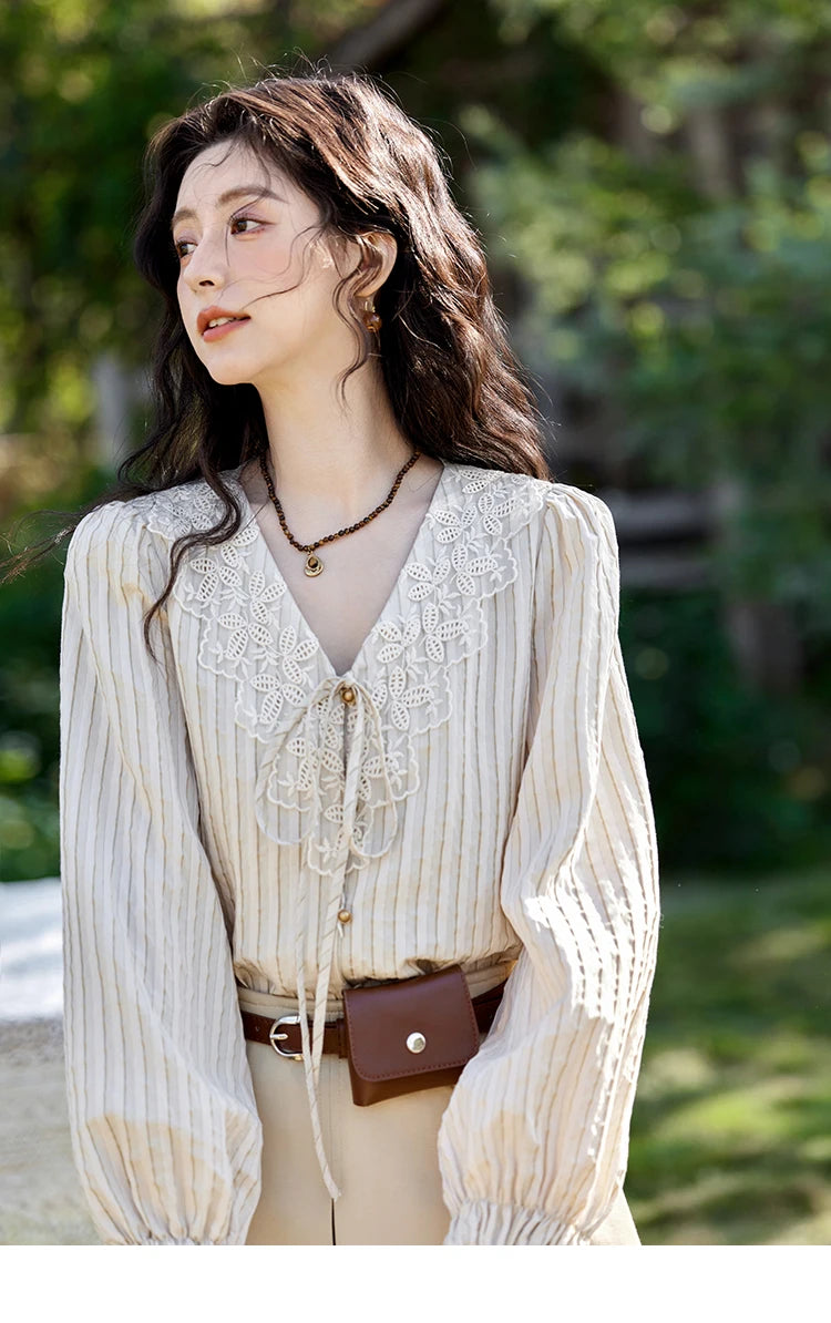 MISHOW French Retro V-neck Lace-up Striped Shirt for Women Spring 2025 Embroidered Lace Long Sleeve Top Casual Shirts MXE12X1715