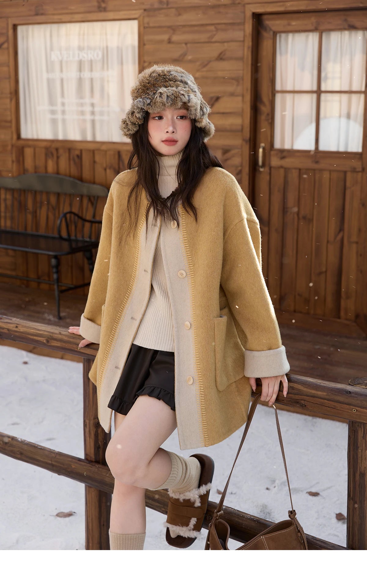 MISHOW Yellow Double-faced Wool Coat for Women 2025 Winter New Retro Contrast Color Slim Crew Neck Pockets Wool Coat MXE51W0915