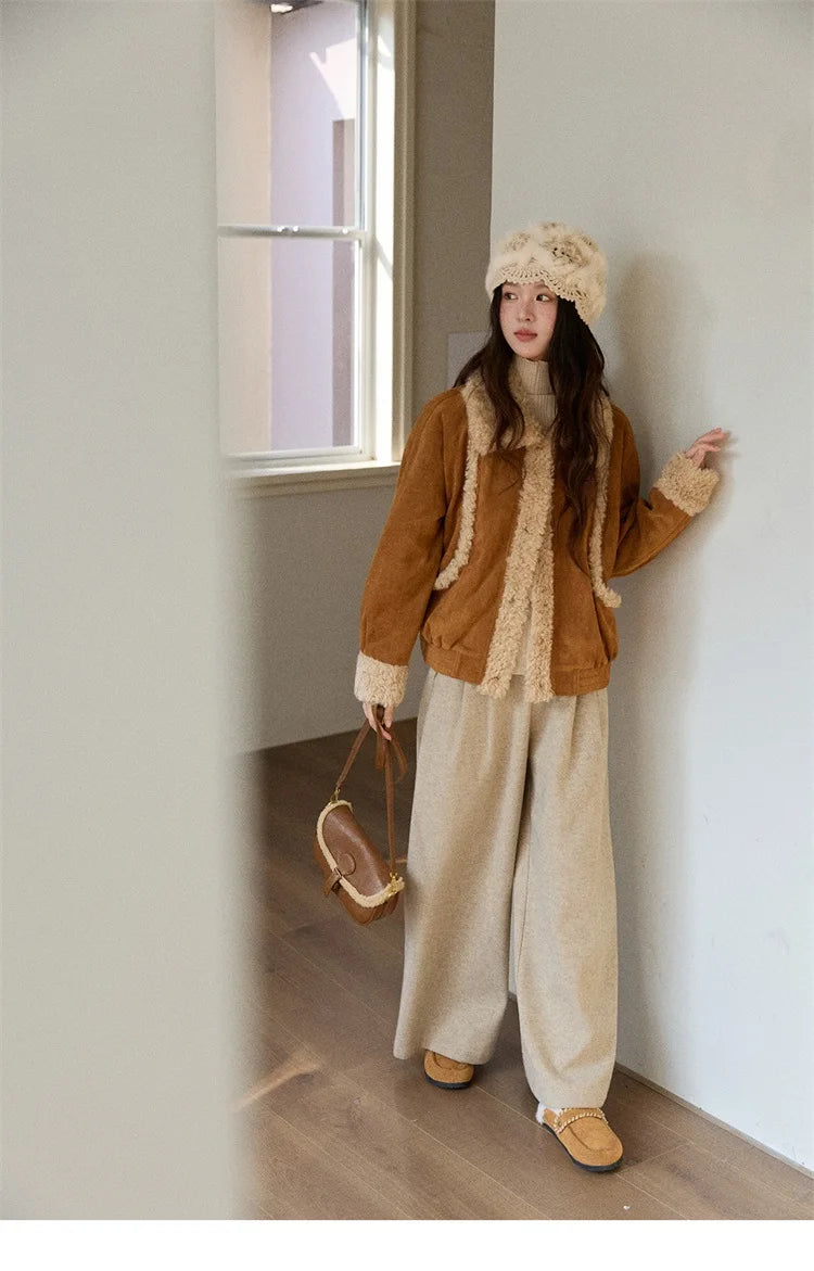 MISHOW Woman Short Jacket 2025 Winter Retro Brown Suede Patchwork Fur Coat Loose Faux Lambswool Turn Down Collar Coat MXE89W0895