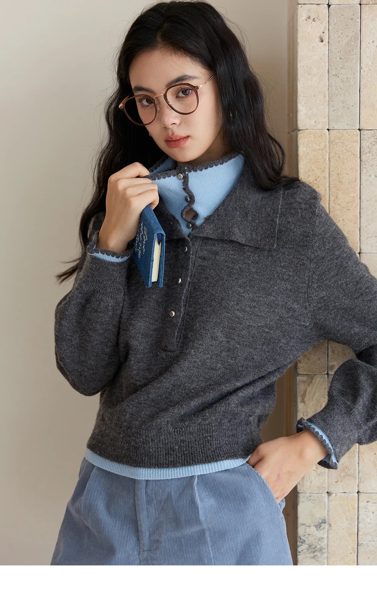 MISHOW Elegant Women's Sweaters 2025 Autumn Designer Knitted Double-layer Turn-down Collar Loose Long Sleeves Tops MXE45Z2502