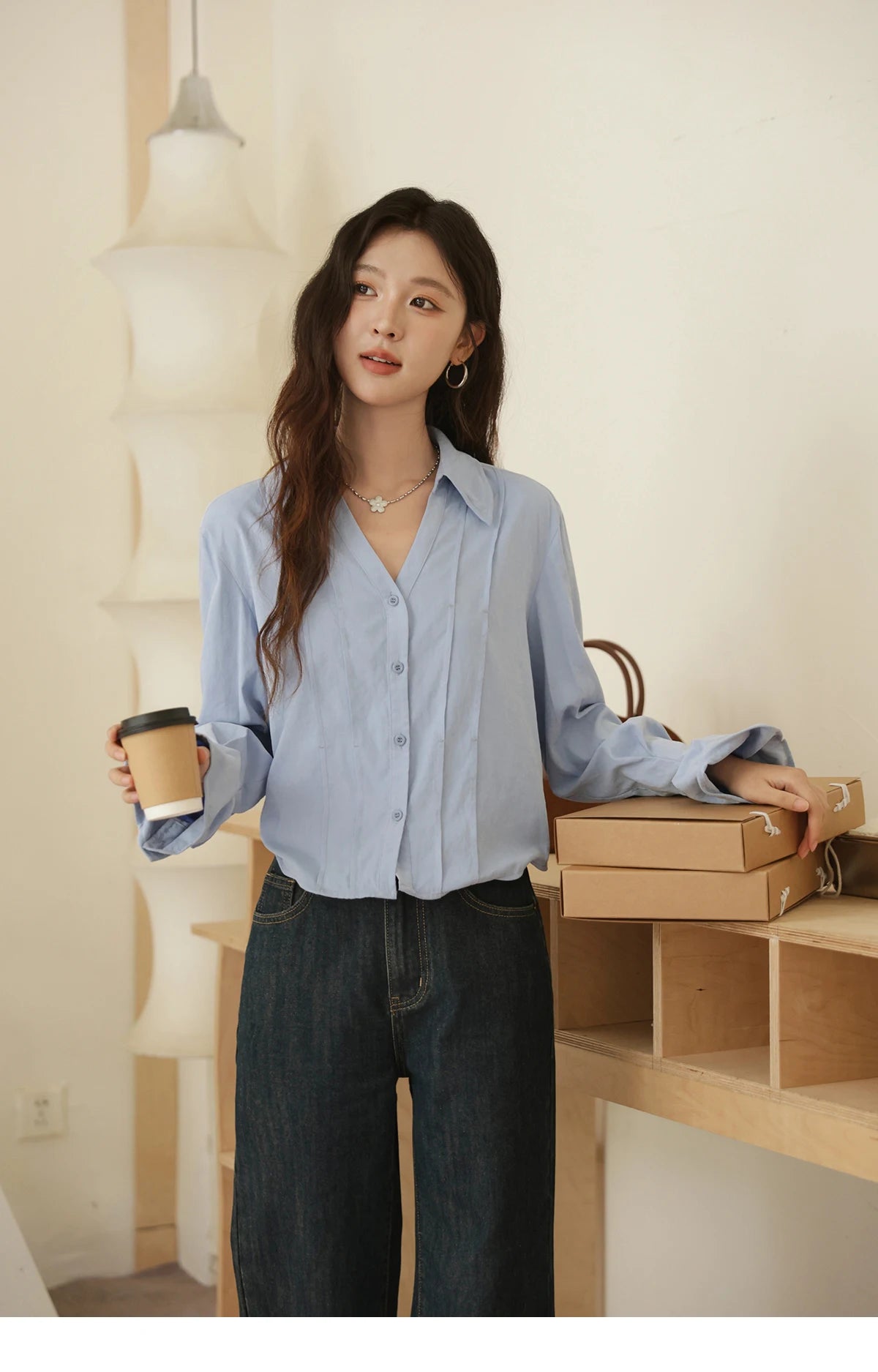 MISHOW Blue Peach Skin Velvet Shirt for Women Autumn 2025 Lapel V-neck Shirts Female Pleated Cuffs Tops Office Lady MXE44C2392