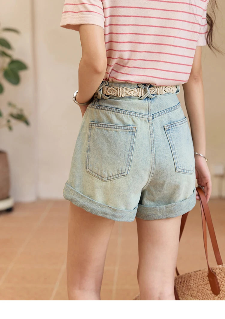 MISHOW Retro Light Blue Denim Shorts for Women Summer 2025 Fashion High Waist Washed Button Zipper Wide Leg Shorts MXE35K0944