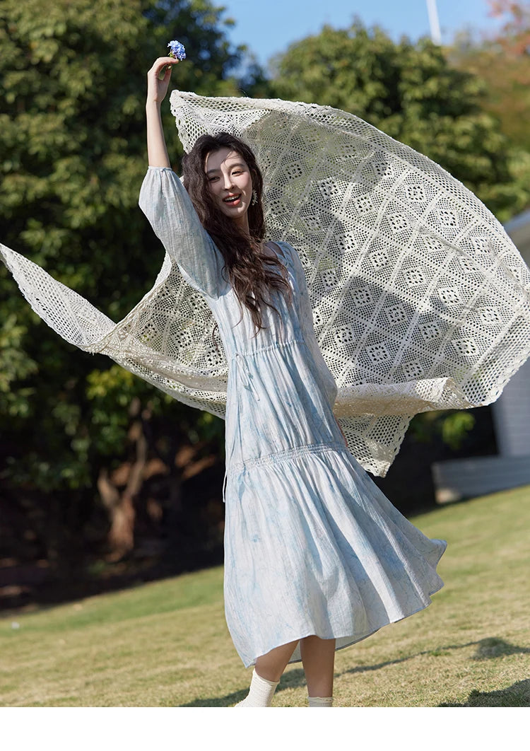 MISHOW Printed Blue Blending Chiffon Vacation Dress Spring 2025 Drawstring Waist Long Dress Lantern Sleeve Dresses MXE16L2114