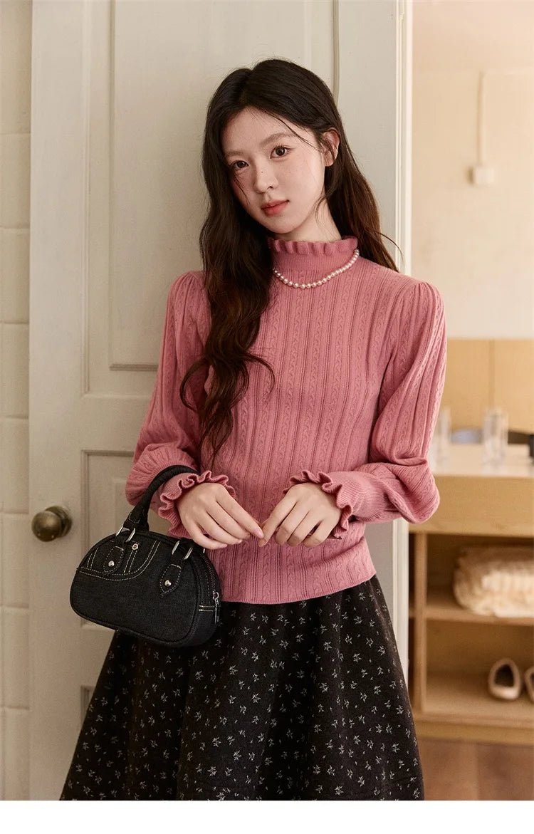 MISHOW Women's Half Turtleneck Ruffle Trim Lantern Sleeve Bottoming Tops 2025 Winter Vertical Rib Slim Knitted Top MXE93Z2810