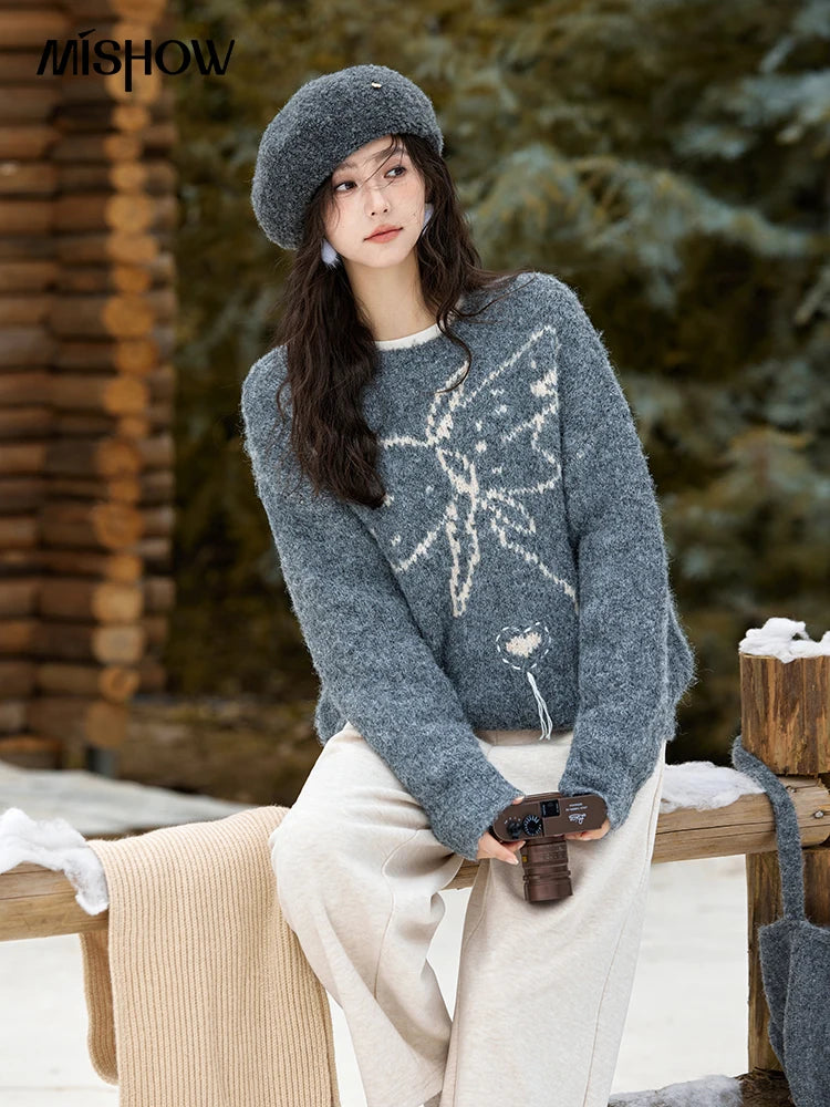 MISHOW Butterfly Knitted Sweater Wool Soft Warm O-Neck Pullovers Women Color Clash Vintage Sweets Versatile Tops MXD57Z1016