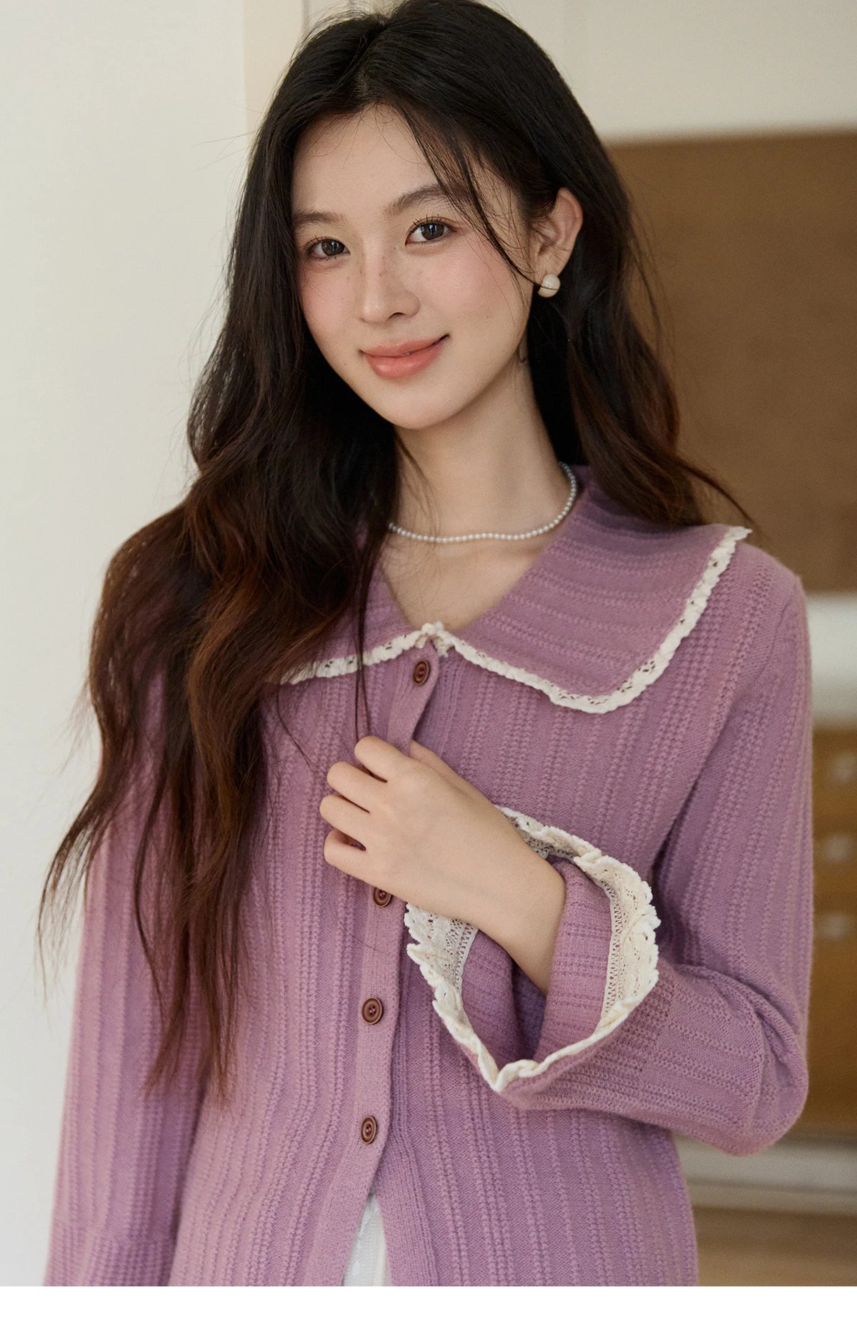 MISHOW Women's Lilac Flare Sleeve Knitted Cardigan 2026 Spring Peter Pan Collar Lace Trim Long Sleeve Slim Casual Top MXF11Z2994