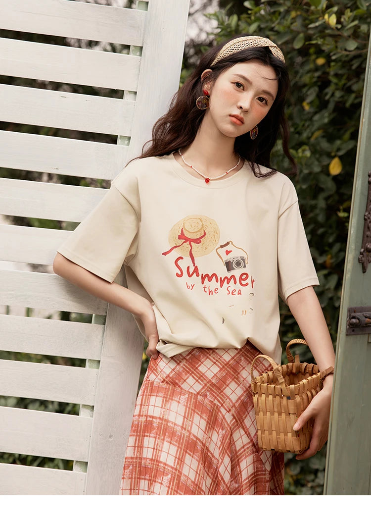 MISHOW Women's Print T-shirt 2025 Summer New Loose Casual T-shirt Ladies Round Neck Short Sleeve Tee Female Clothing MXE34T0559