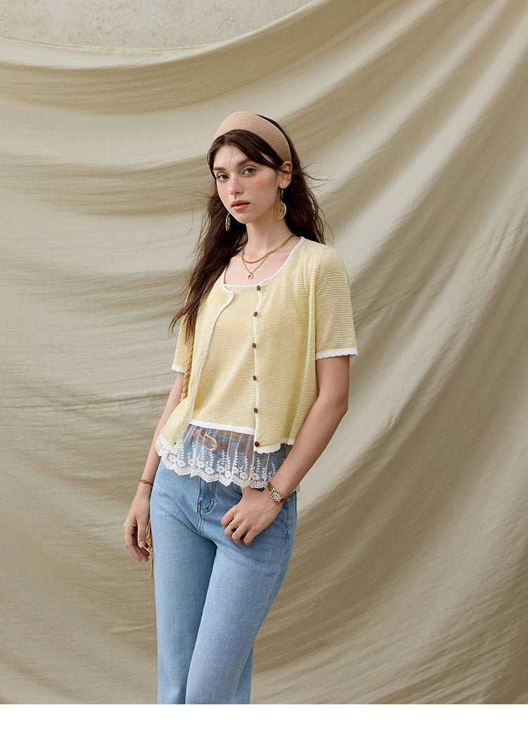 MISHOW Summer Camisole Cardigan Sets for Women 2025 Short Sleeve Round Neck Hem Lace Knitted Tops Female Fashion MXE33T0582