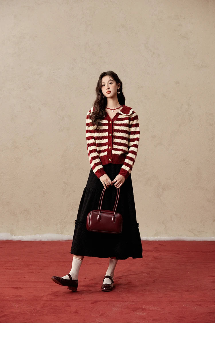 MISHOW Christmas Red Striped Turn Down Collar Cropped Cardigan Thickened Warm Wool Blend Sweater Soft Knitted Tops MXD58Z1038
