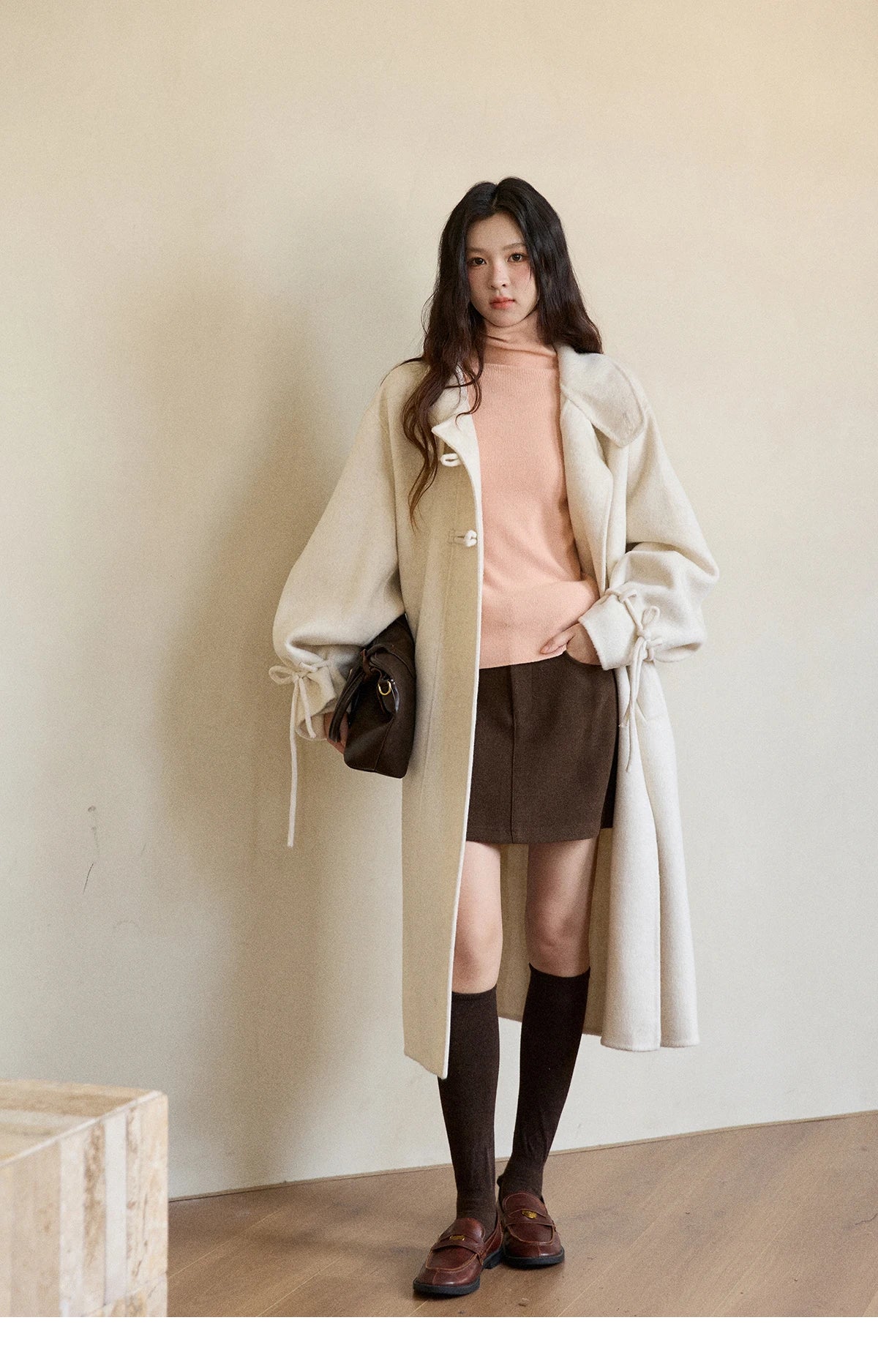 MISHOW Women's Long Coats 2025 Winter Yellow Double-faced 100% Wool Coat Windproof Lantern Sleeve Turtleneck Coat MXE51W0902