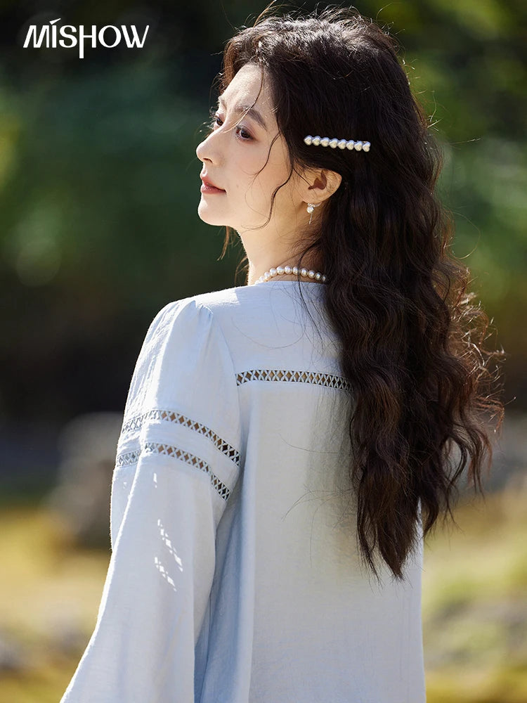 MISHOW French Sweet Loose Blue Shirt for Women 2025 Spring Summer V-neck Lace-up Hollow Doll Shirt Lantern Sleeve Top MXE12C0411