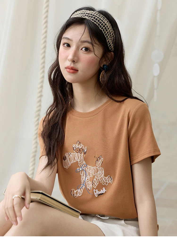 MISHOW Print Women‘s Summer T-shirts 2025 Short Sleeve Round Neck Loose Design Shirt Female Slim Embroidery Tops Lady MXE31T0550