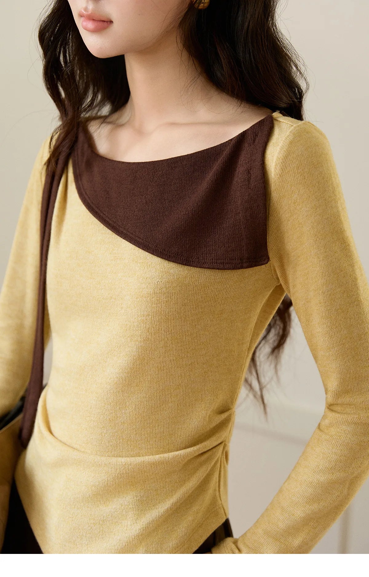 MISHOW Women's Yellow Brown Irregular Top 2026 Spring Contrast Color Oblique Collar Long Sleeve Casual Knitted Tops MXF11Z2911