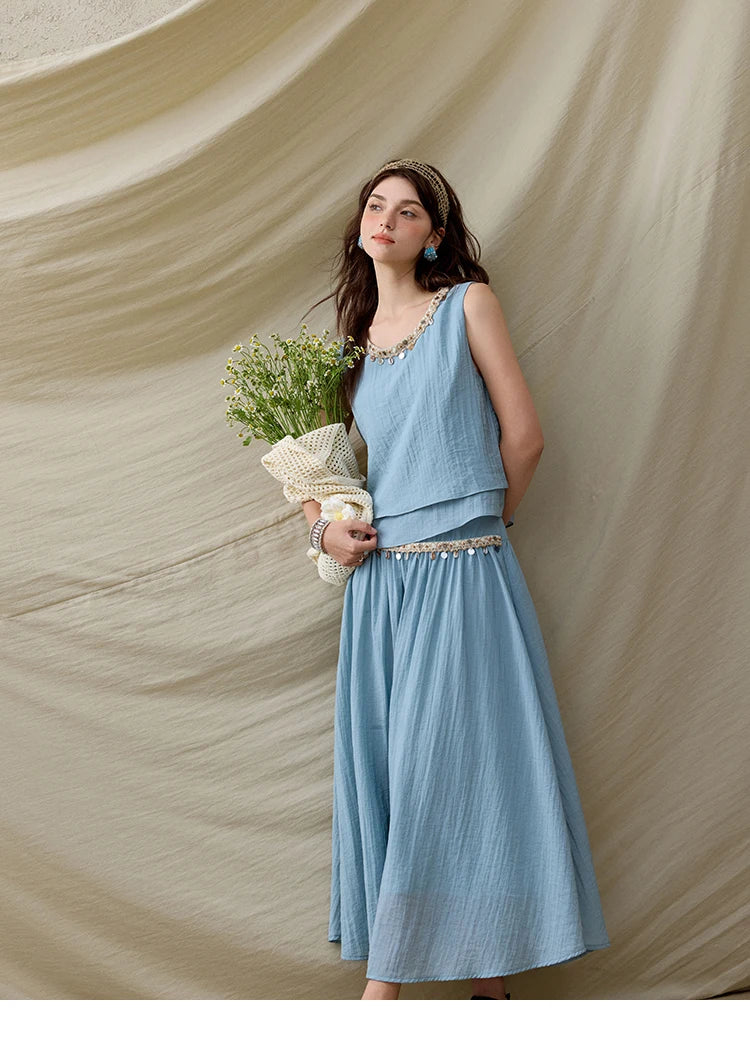 MISHOW Office Lady Summer Vest Skirt Sets Women 2025 Sheel Ribbon Solid Round Neck Tops Loose High Waist Skirt Female MXE32T0556