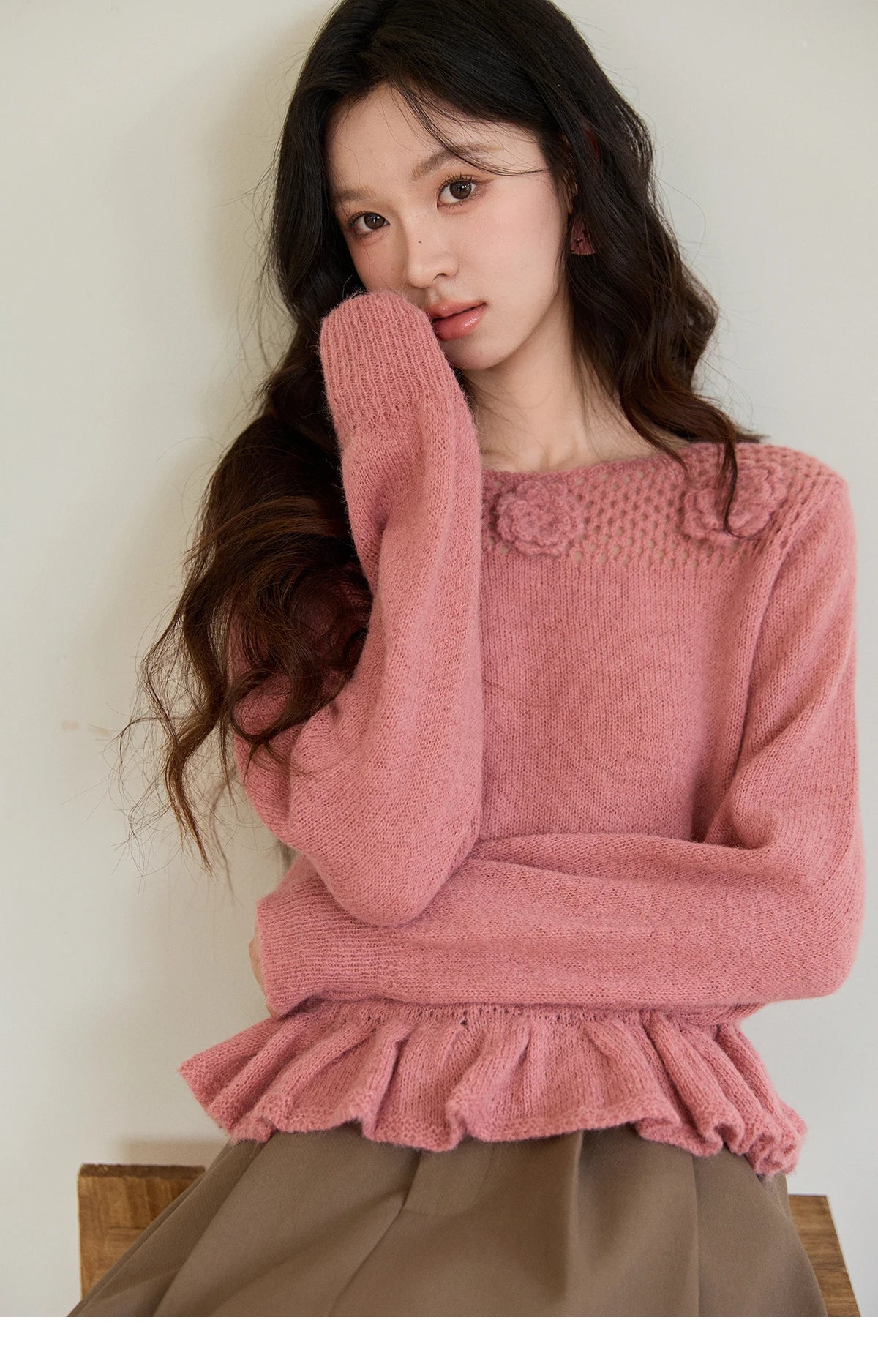 MISHOW Women's Pink Hollow-out Knitwear 2026 Spring Crew Neck Floral Embroidery Sweater Ruffled Hem Casual Loose Top MXE94Z2865