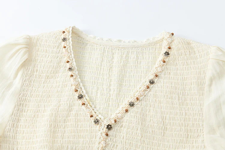 MISHOW Apricot Vacation Dress for Women Spring 100 Cotton Splicing Lace Retro Dress V-neck Waist Slim Long Dresses MXE16L2168