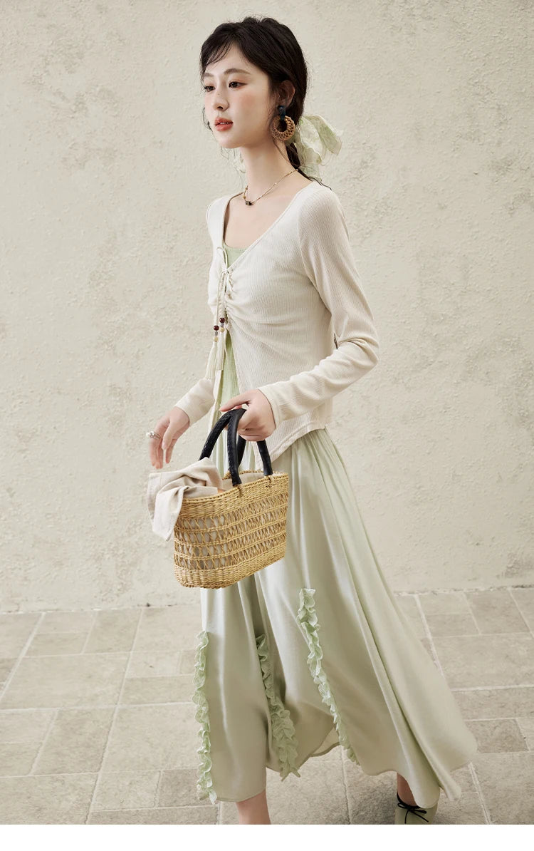 MISHOW Women's Fake Two Patchwork Knitted Spring 2025 Contrast Drawstring Strap Lace-up Tops Retro V-neck Thin Top MXE15Z1185