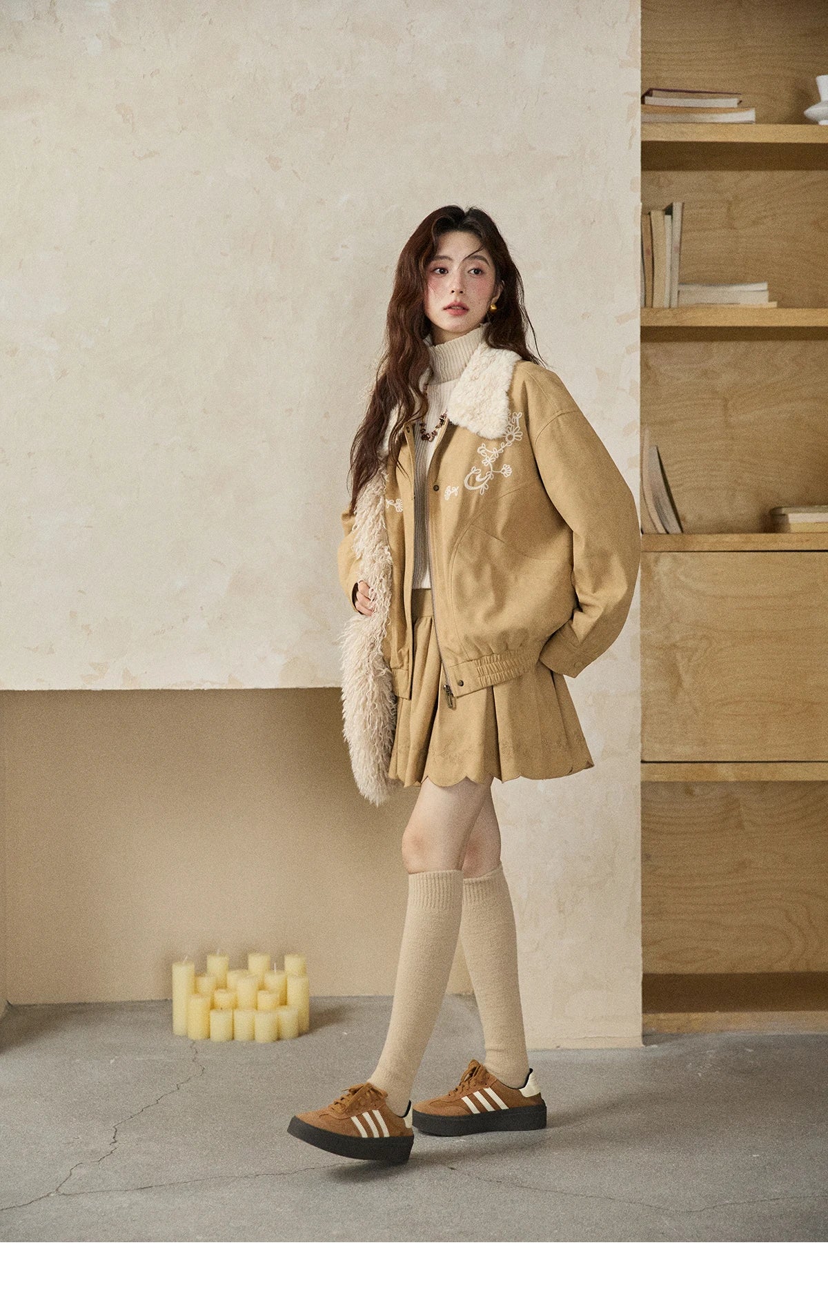 MISHOW Women's Floral Embroidered Jacket 2025 Winter French Style Yellow Plush Lapel Zip-up Coat Loose Warm Jacket MXE87W0932