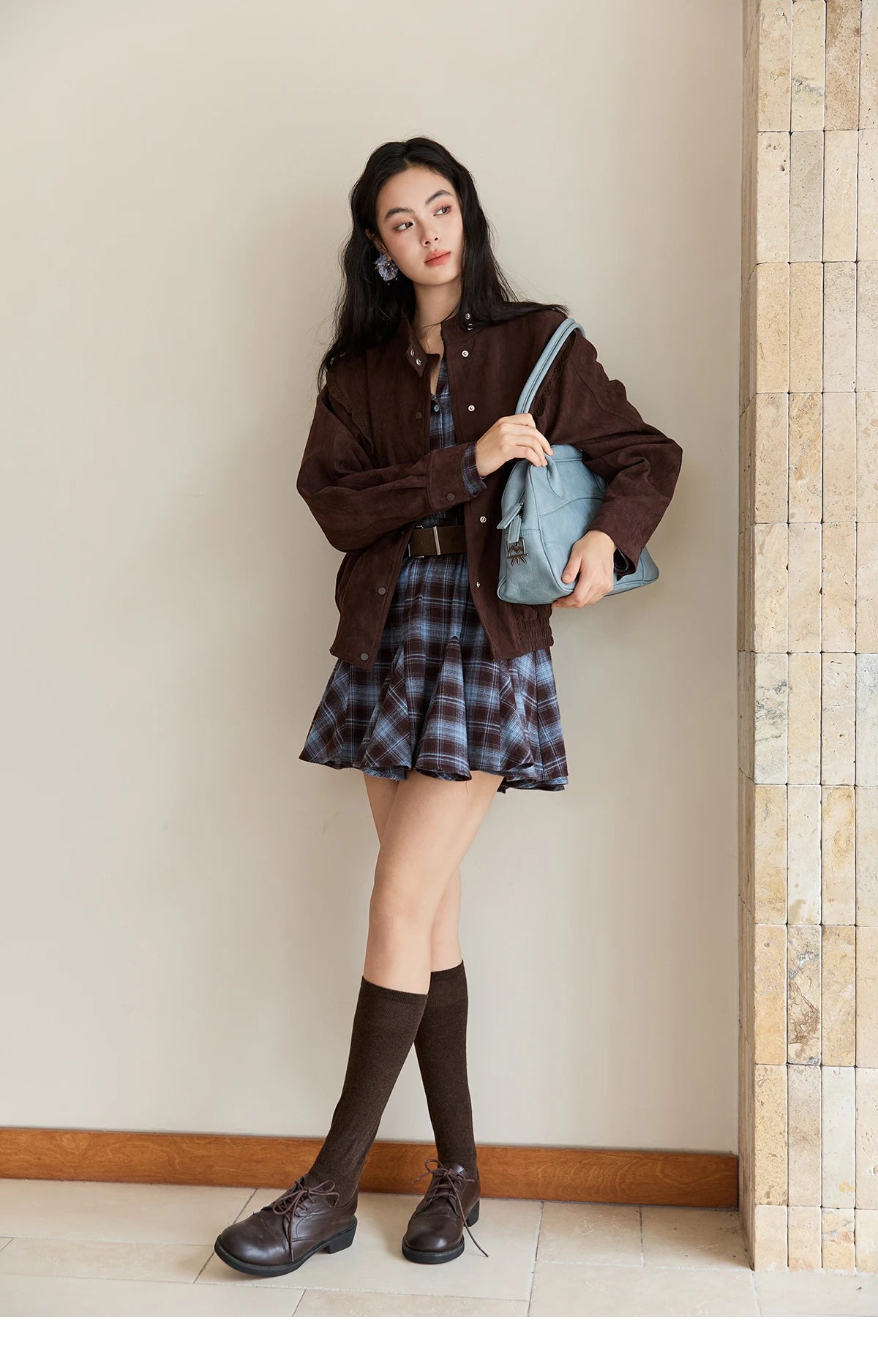 MISHOW Women's Blue Plaid Short Dress 2025 Autumn Retro Turn-down Collar Waist-Cinched Long Sleeve Dress with Belt MXE48L2525