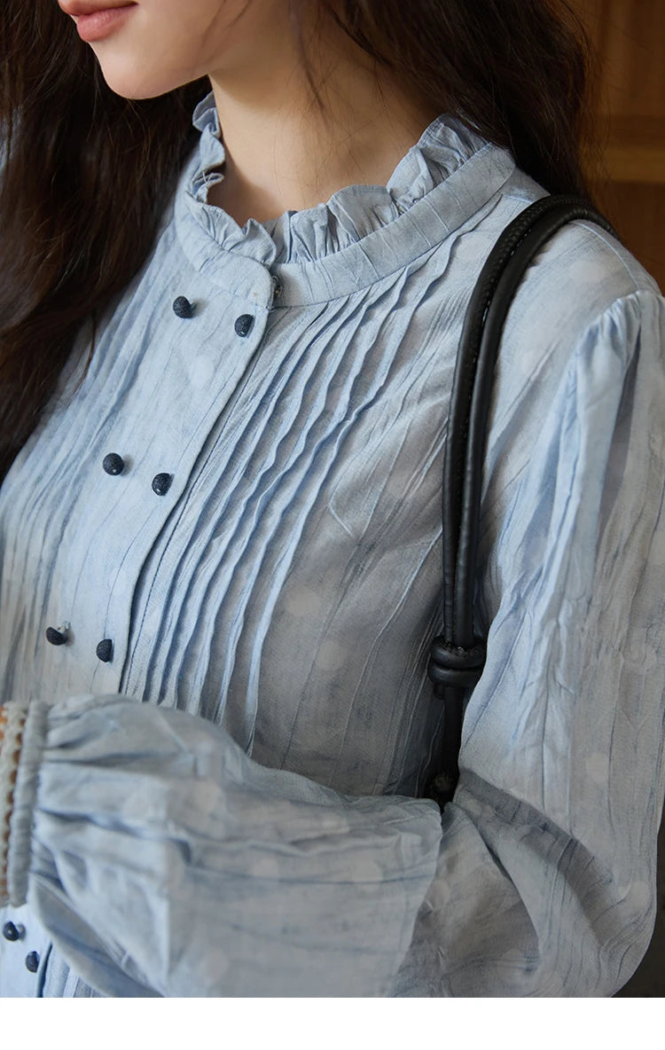 MISHOW Women's Shirt 2025 Autumn Blue Polka Dot Chiffon Loose Shirt Stand Collar Double Row Buckle Lantern Sleeve Top MXE41X1926