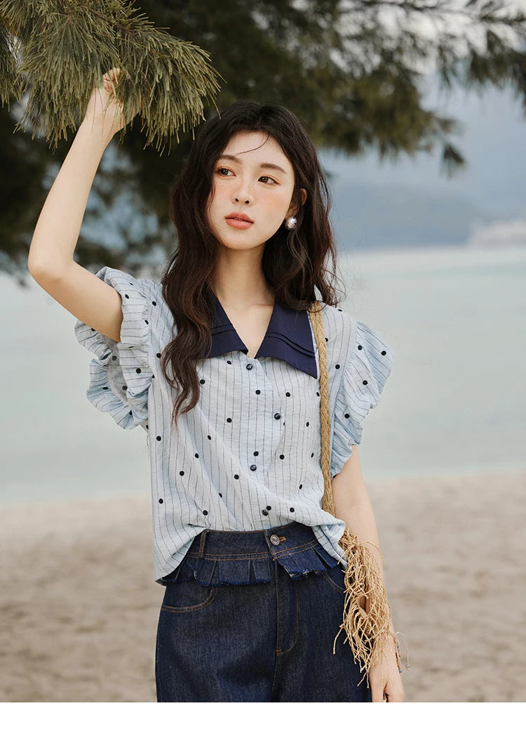 MISHOW Summer Office Lady Blouses Women 2025 Short Sleeve Turn-down Collar Polka Dot Shirts Female Fashion Slim Tops MXE31C0776
