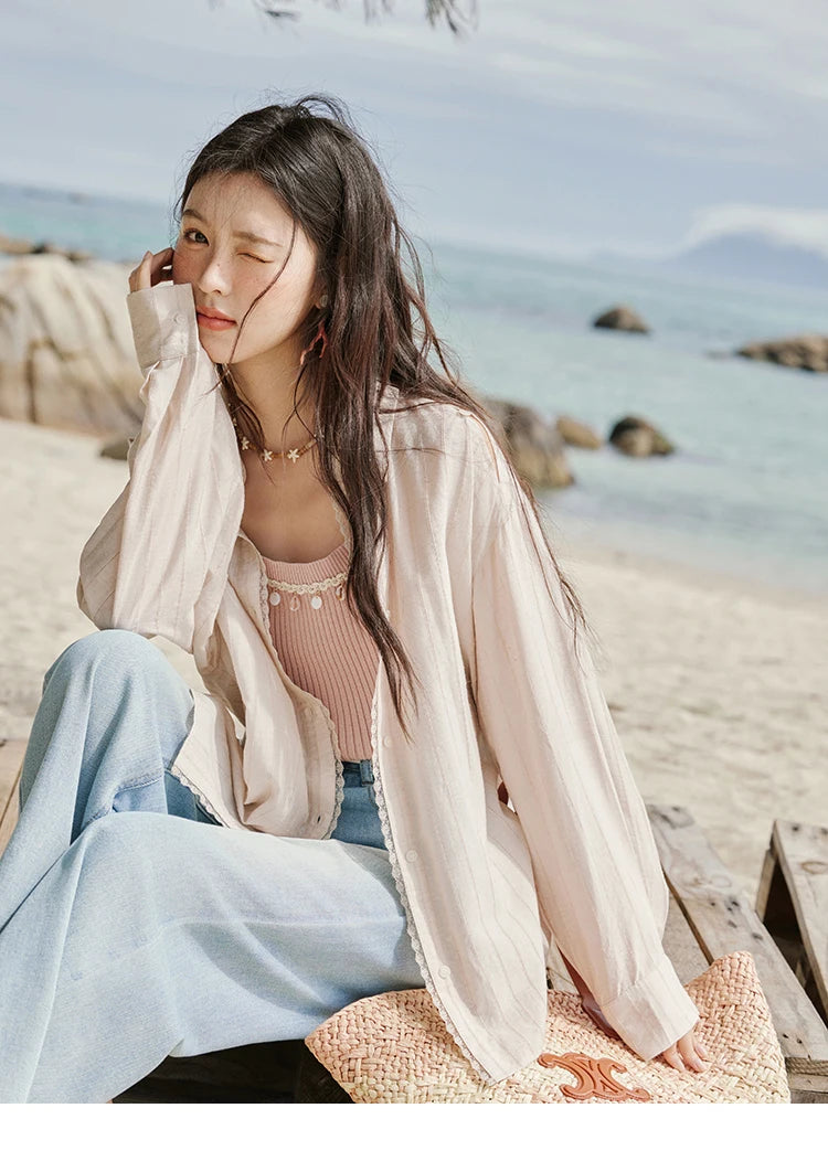 MISHOW Office Lady Summer Blouses Women 2025 New Striped Long Sleeve Turn-down Collar Shirt Female Fashion Loose Tops MXE33C0772