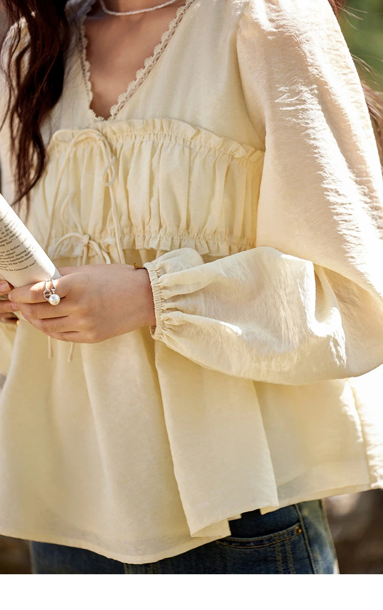 MISHOW Women's Jacquard Lace V-neck Blouses 2025 Spring Ruffled Wavy Design Blouse Slim Elegant Commuting Sweet Top MXE12C0397