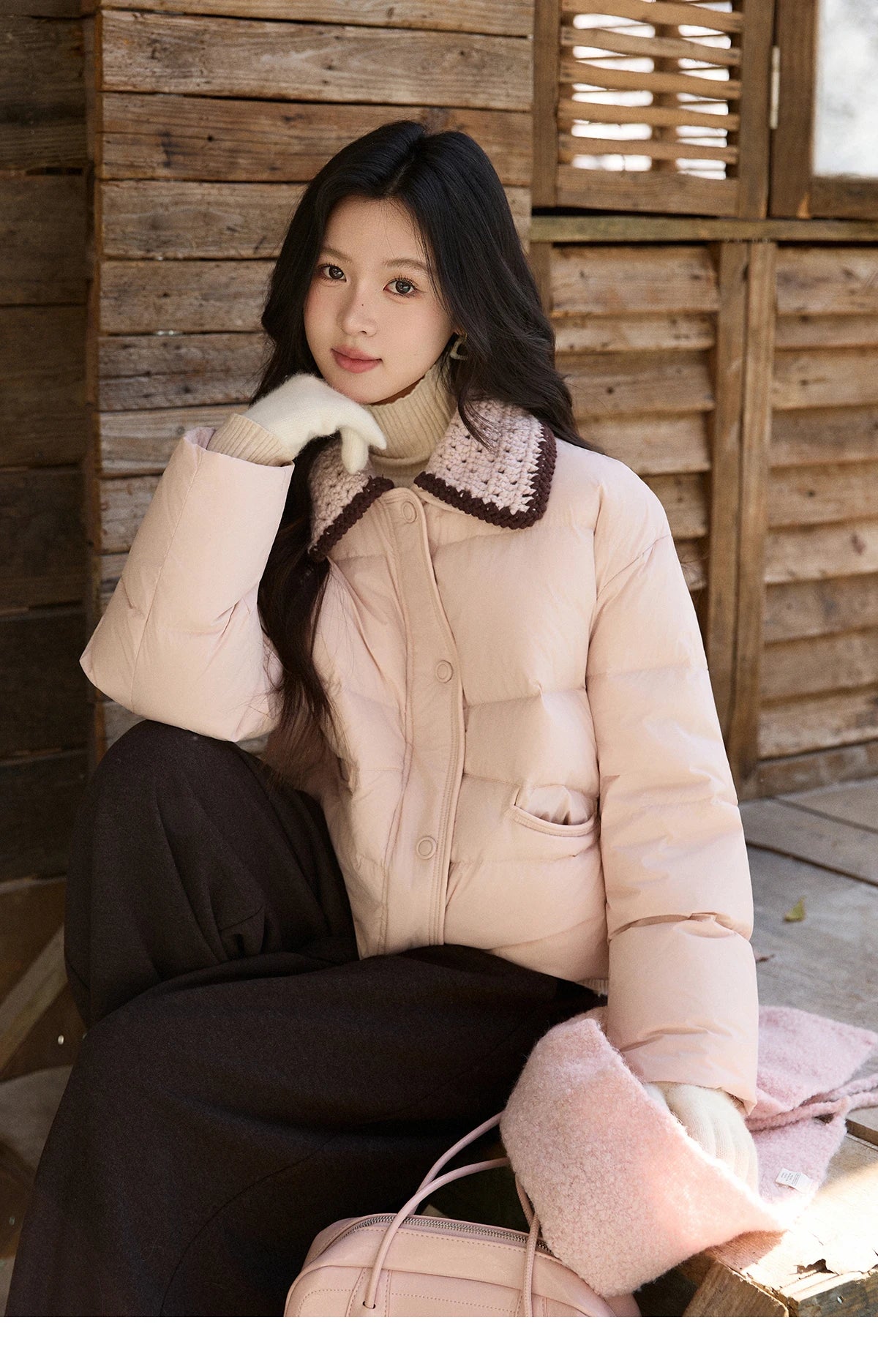 MISHOW Women's Sweet Knitted Lapel Collar Short Down Jacket 2025 Winter White Duck Down Single-Breasted Zipper Coat MXE94Y0094