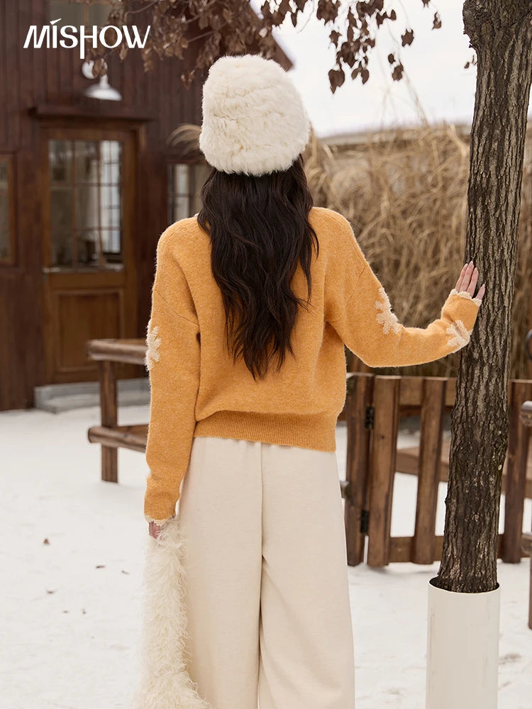 MISHOW Yellow Retro Jacquard Cardigan Women 2025 Autumn Winter Lazy Style Turn-down Collar Loose Sweater Office Lady MXE88Z2691