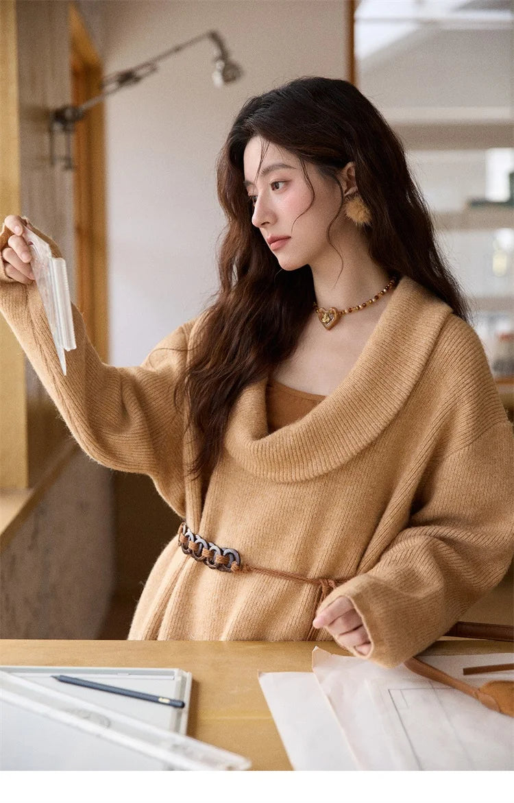 MISHOW Women's Orange Sweater 2025 Winter French Style Luxury Loose Long-sleeved Sweater Vest Belt Three-piece Set MXE86T1437