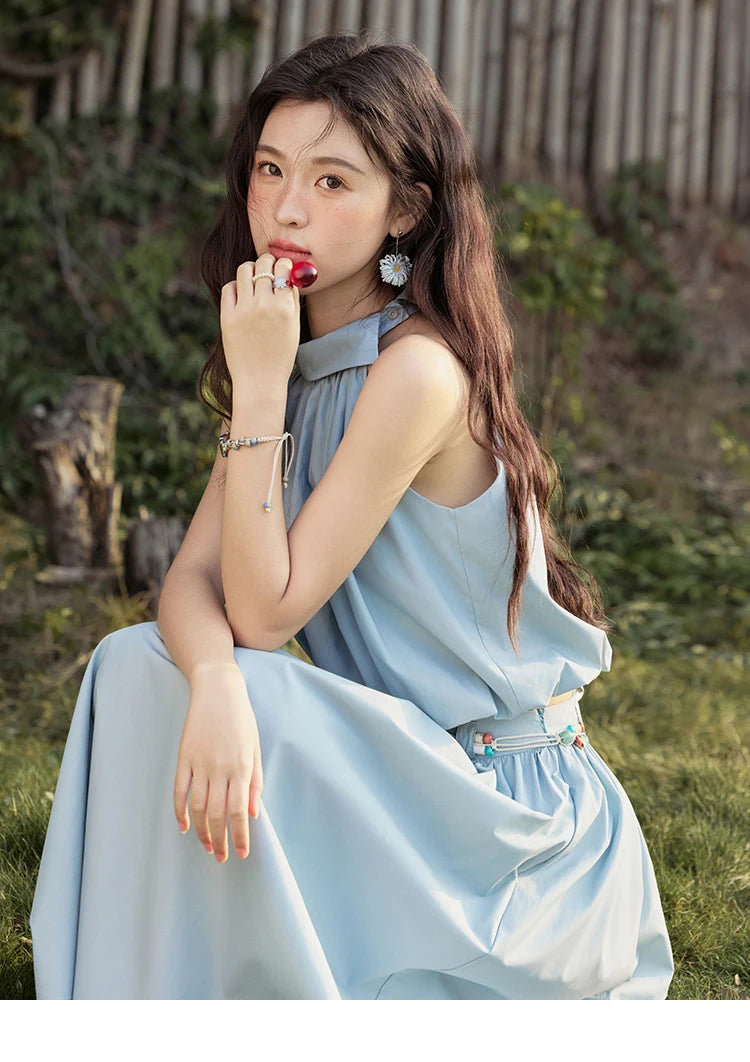 MISHOW Vacation Skirt Set Woman 2025 New Solid Halter Neck Sleeveless Short Tops Midi Loose Skirt Female with Belt MXE33T0546