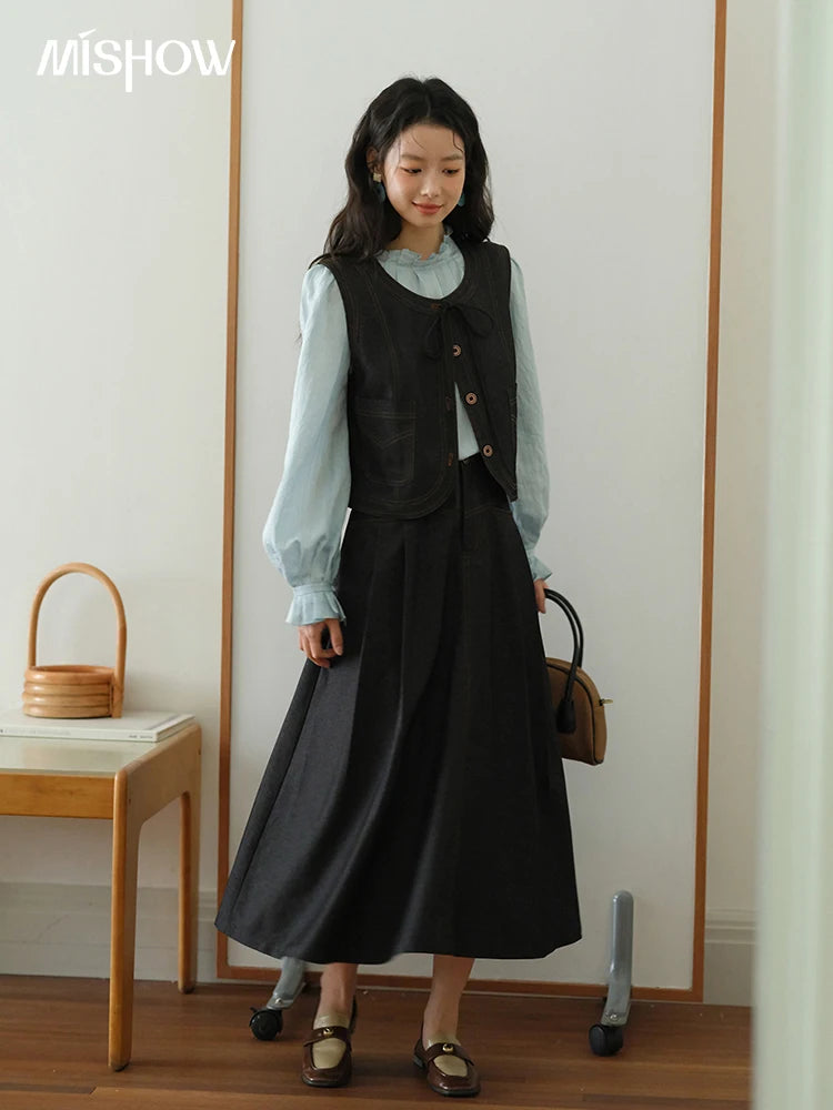 MISHOW High Waist Pleated Umbrella Denim Skirt 2025 Autumn A-LINE Deep Blue Skirts Female One Button Casual Skirts MXE41B2372