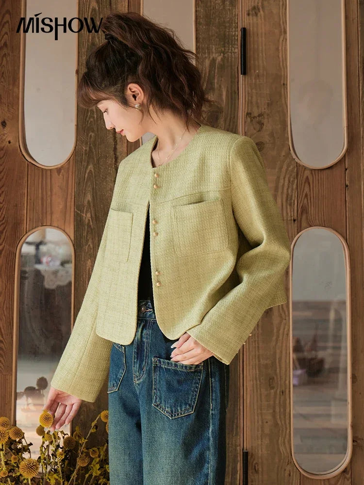 MISHOW Retro Round Neck Coats for Women Spring Autumn Pockets Loose Gold Button Single Breasted Solid Short Jackets MXC44W0072