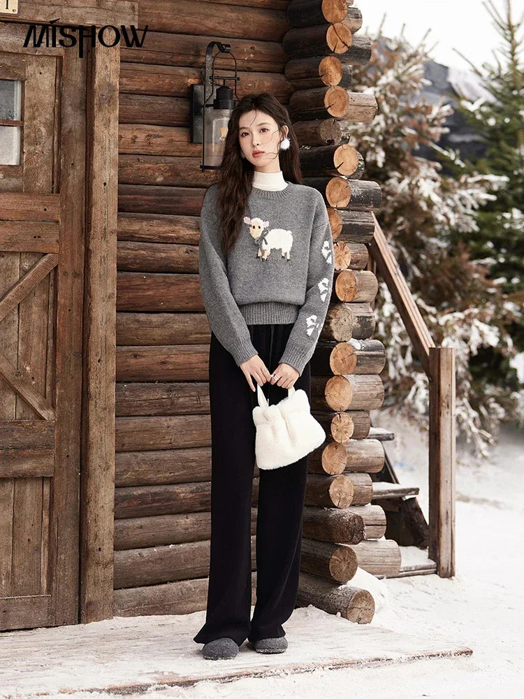 MISHOW Soft Lamb O-Neck Pullovers Color Clash Spliced Knitted Sweater 2024 Winter Women Clothes Thickened Warm Tops MXD59Z1140