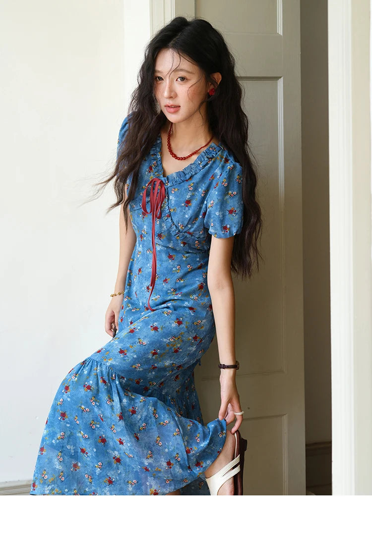 MISHOW Women's V-neck Lace Up Dress 2025 Summer New Female Fashion Puff Sleeve Chiffon Print Dresses Ladies Clothing MXE39L2401