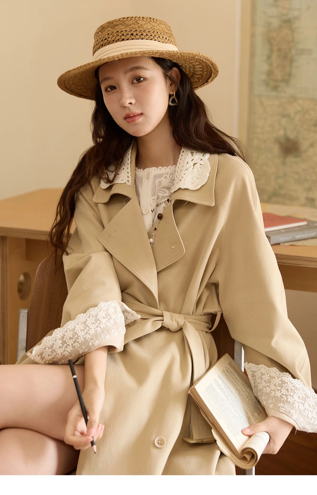 MISHOW Trench Coat Women 2025 Autumn Fashion Light Khaki Lace Long Windbreaker Jacket Long-sleeved Coat with Belt MXE45W0830