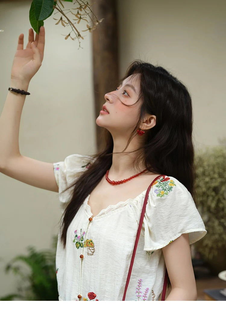 MISHOW Women's Fashion Flower Embroidery Blouse Summer 2025 Square Neck Lace Drawstring Short Top Ladies Clothing MXE37X1895