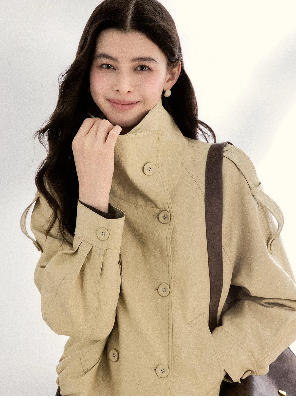 MISHOW Women's Khaki Cropped Short Leather Jacket 2026 Spring Lapel Stand Collar Double Breasted Casual Loose Coat MXF108W1000