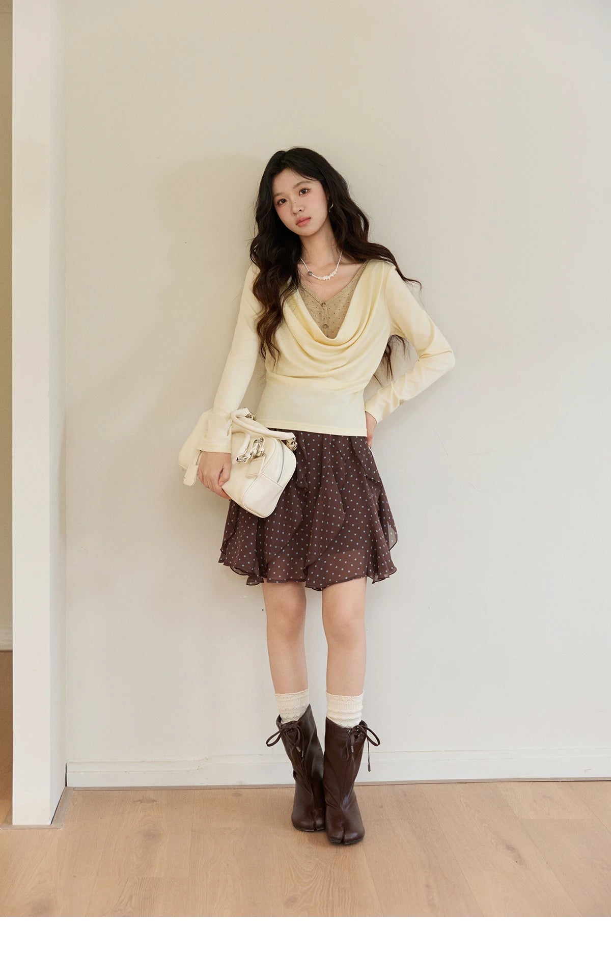 MISHOW Women's Wool Blend Fake Two Piece Draped Neck Knit Top 2026 Spring Wave Point Ribbon Contrast Color Casual Top MXF13Z2977