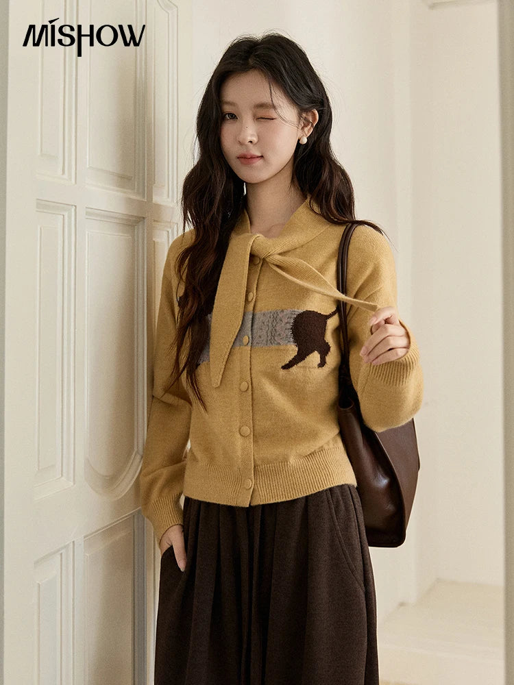 MISHOW Women's Pink Knit Cardigan 2025 Autumn Winter Dachshund Pattern Bow Collar Sweaters Single-breasted Loose Tops MXE94Z2997