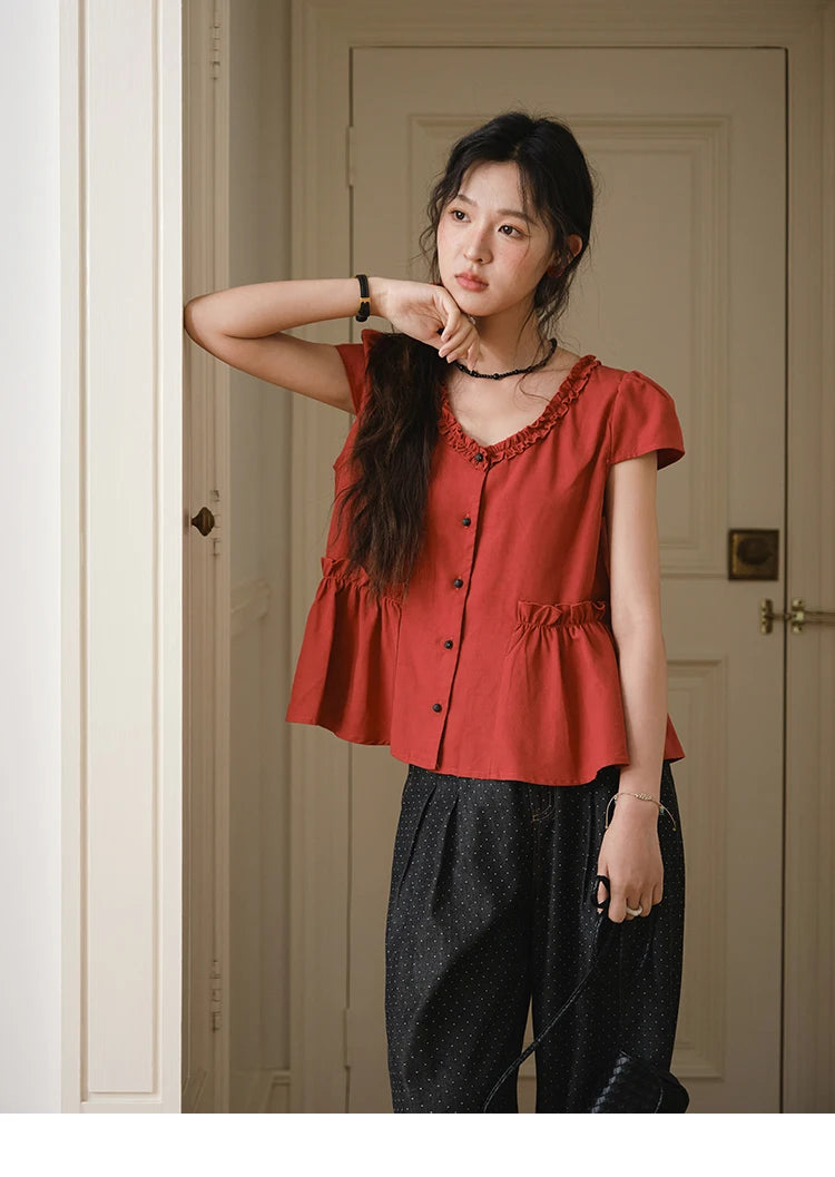 MISHOW Women's Summer Clothes 2025 Fashion Mushroom Edge V-neck Blouse Office Lady Casual Short Sleeve Button Top MXE38X1867