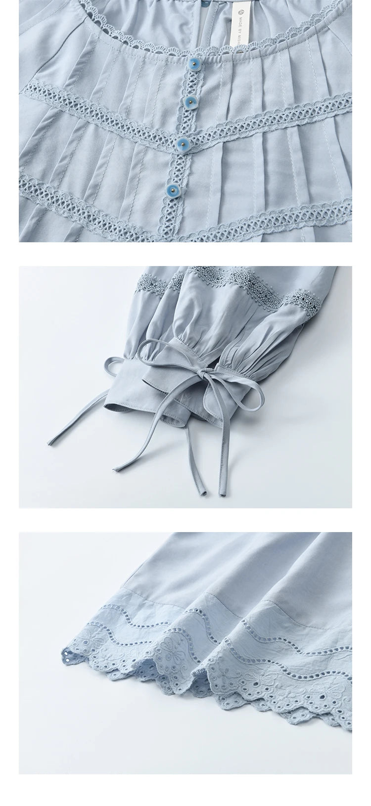 MISHOW Blue Lace Patchwork Shirt for Women 2025 Spring Sleeve Lace-up Hem Wave Edge Top Lantern Sleeve Loose Shirt MXE14X1716