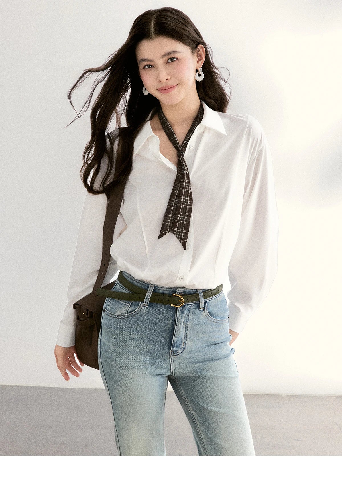 MISHOW Women's Casual Loose Shirt with Plaid Scarf 2026 Spring Lapel Tops Versatile Long Sleeve Shirts Office Lady MXF108C0815