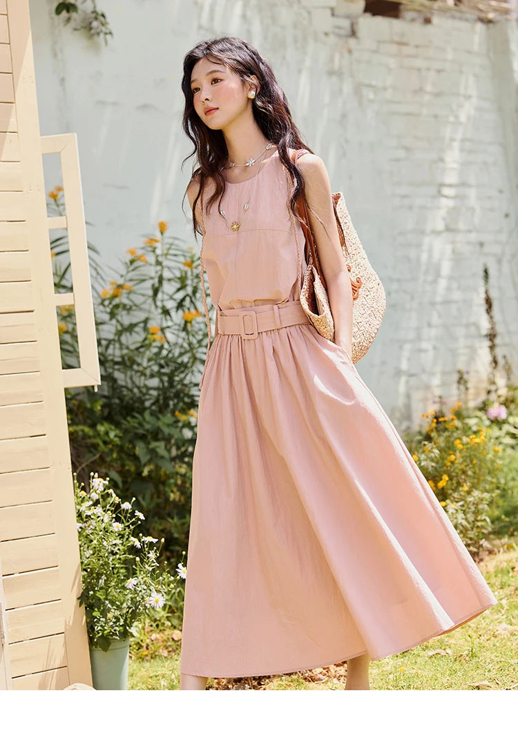 MISHOW Women's Vest Dress 2025 Summer Hand Woven Fried Dough Twists Waist Belt Slim Long Dress A-line Vacation Dress MXE34L2223