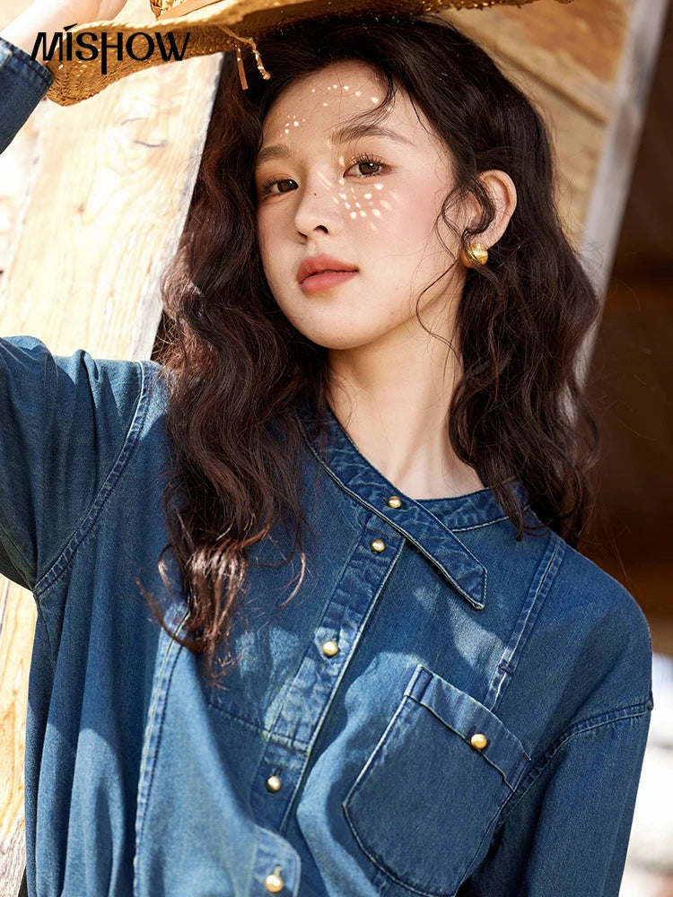 MISHOW 100 Cotton Denim Shirt French Retro Long Sleeved Shirt for Women 2025 Spring Loose Fit O Neck Casual Shirt Top MXE12C0384