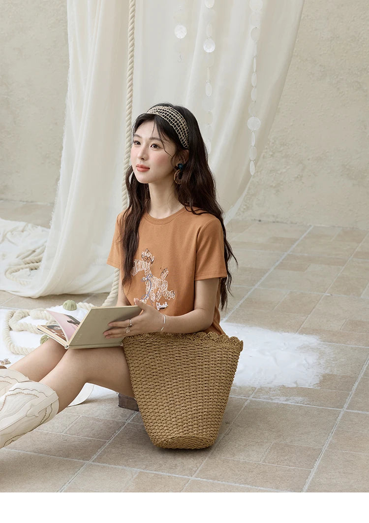 MISHOW Print Women‘s Summer T-shirts 2025 Short Sleeve Round Neck Loose Design Shirt Female Slim Embroidery Tops Lady MXE31T0550