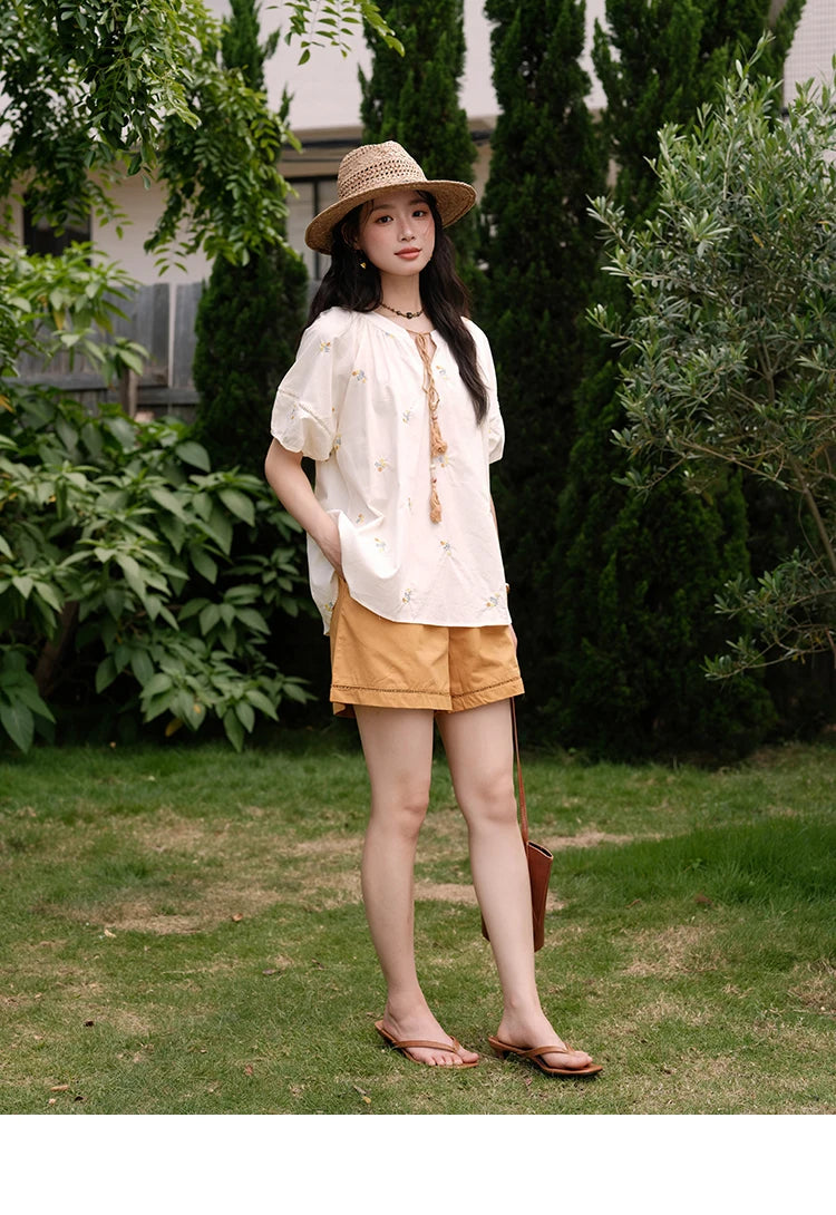 MISHOW Women Two-Piece Set 2025 Summer Puff Sleeve Lace Up Top Hollow Lace Spliced Elastic Waist Shorts Ladies Set MXE38T0684